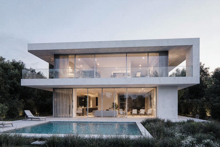 A white two-story house with a deep cantilevered roof, glass balustrades and a pool along the front terrace