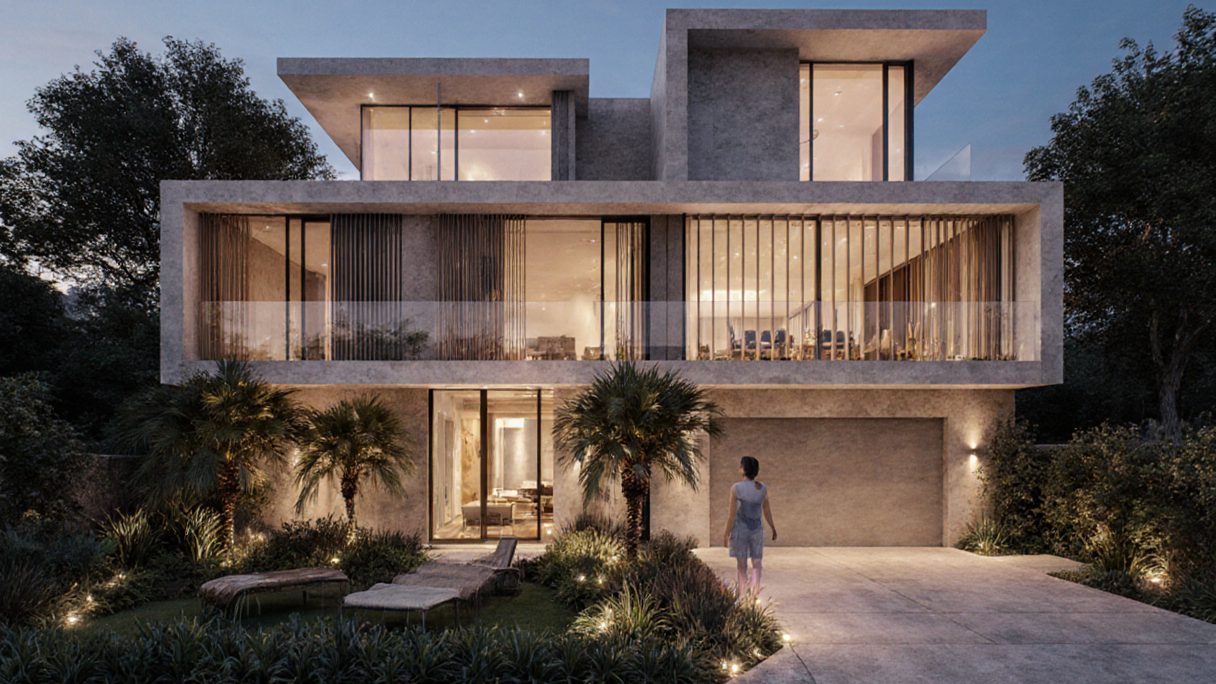 A modern two-story house at dusk, its timber-lined upper floor glowing over a lit terrace and palms