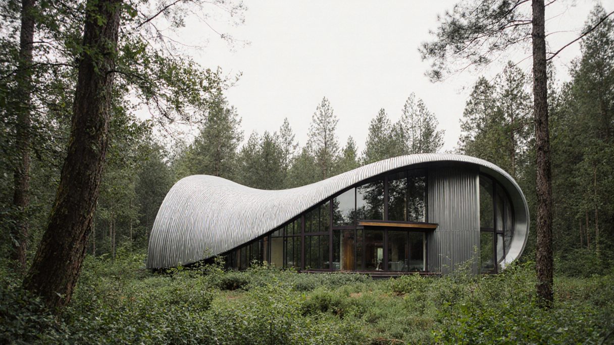 A single-story house with a sweeping curved metal roof and full-height glazing, set among tall conifers