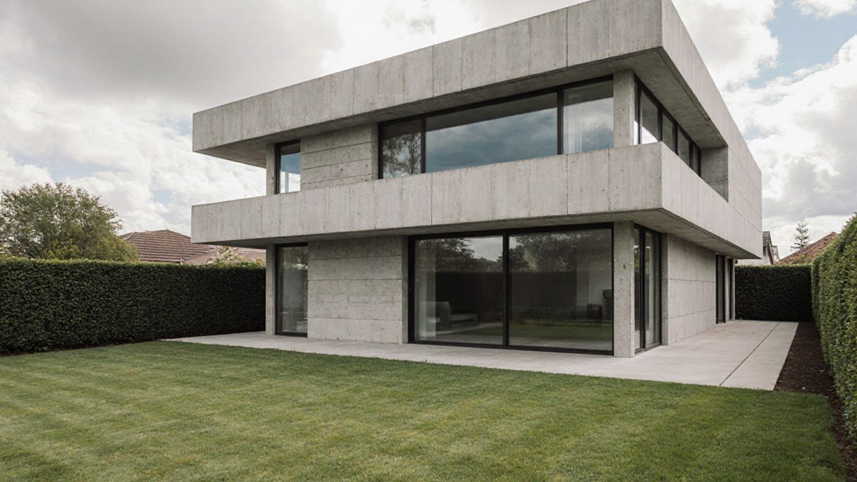 A crisp white two-story house with deep roof overhangs on an open lawn under a bright sky