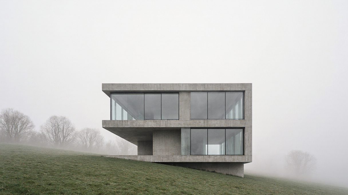 A low concrete house on an open rise, the far treeline softened by morning mist