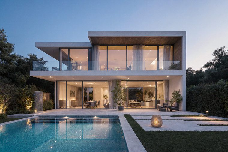 A large modern house at dusk with a timber-lined upper story, full-height glazing and a lit pool in the foreground