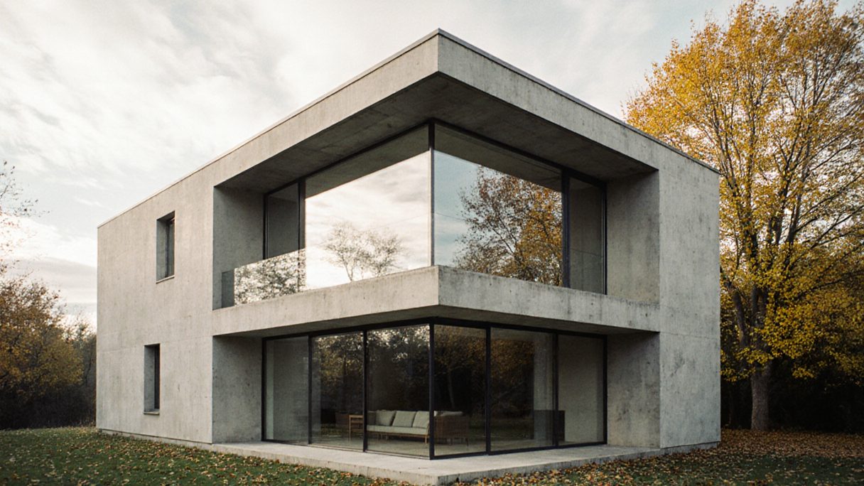 A concrete and glass house on a lawn, framed by a single broad tree in autumn color