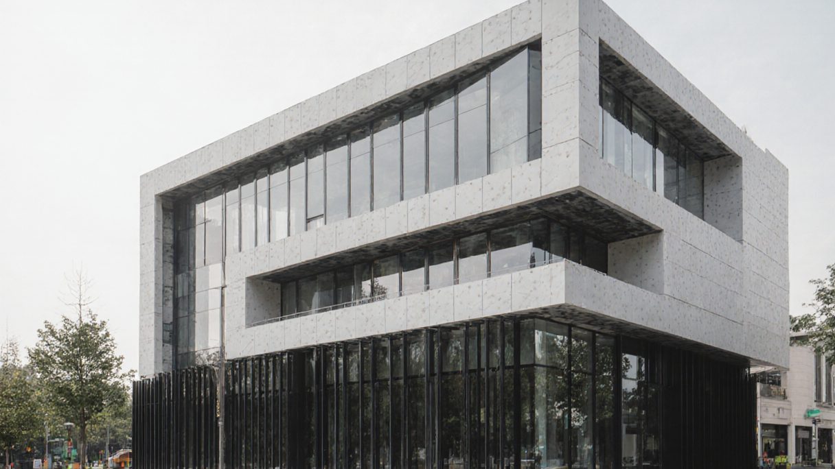 A stone-faced office block with deep glazed floors and a cantilevered top story