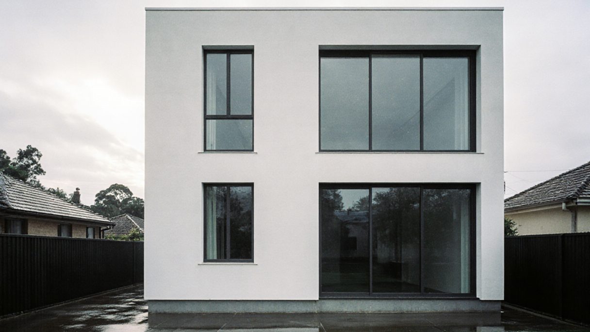 A white rendered two-story house seen straight on from the street, neighbours either side