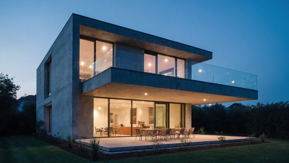 A cantilevered house at dusk with a lit interior and a dining terrace beside the glazing